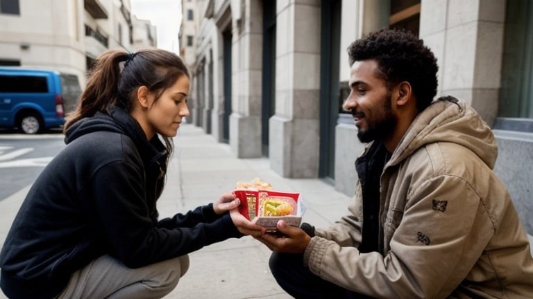 Photo of volunteer giving food to homeless person.